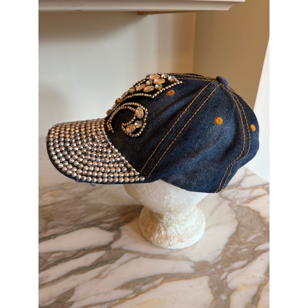 Denim Baseball Cap Rhinestone Bling Embellished Adjustable Strap - Picture 2 of 5